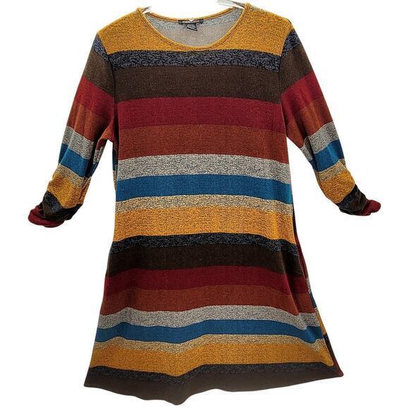 Robert Louis Striped Stretchy Boat Neck Scrunch Sleeve Midi ALine Dress - Picture 1 of 14